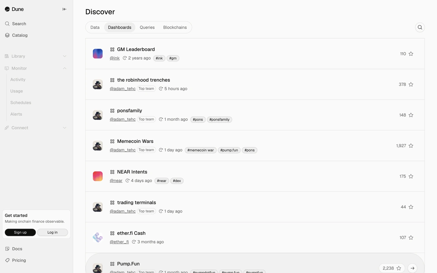 Dune Dashboards captured interface