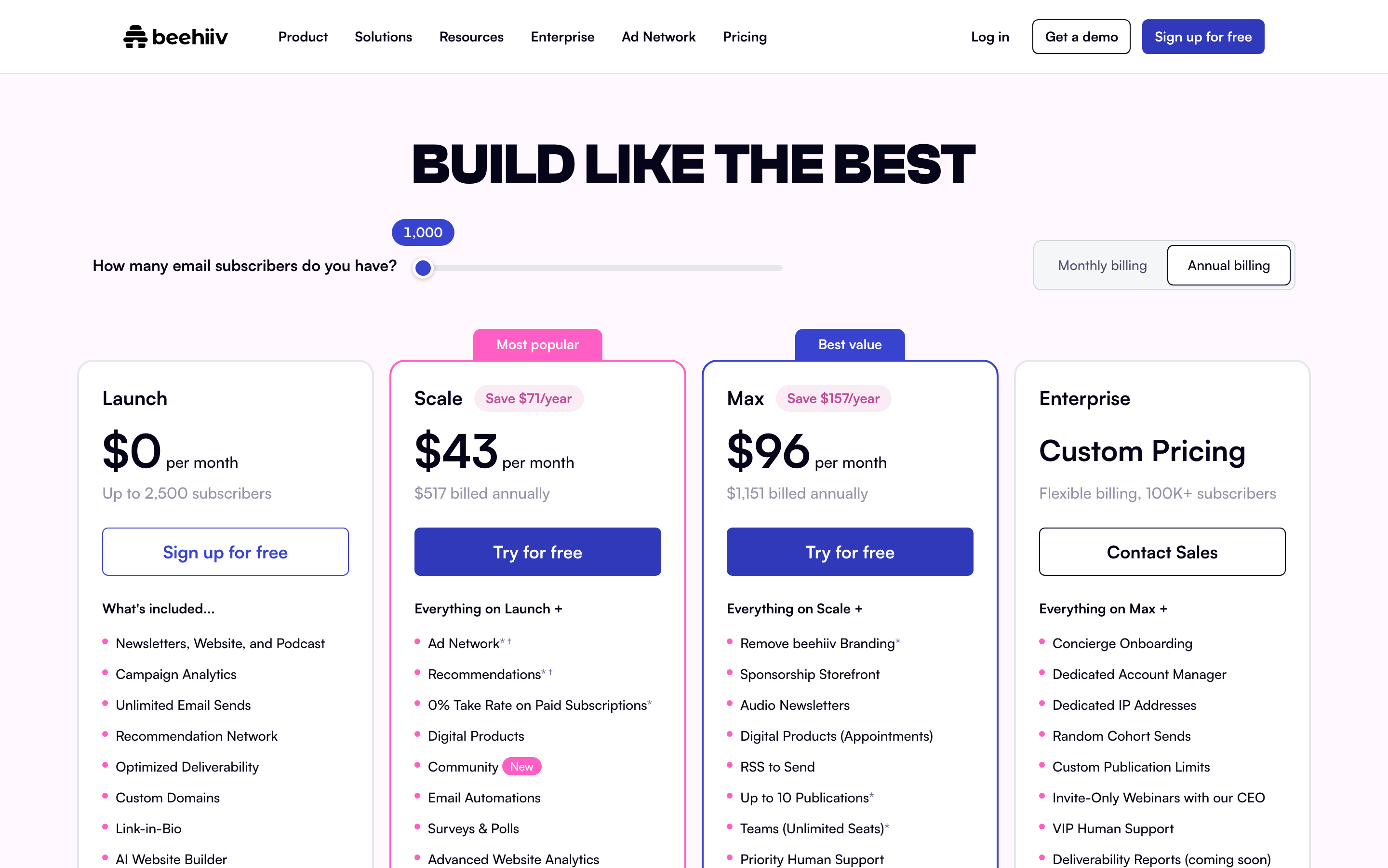 beehiiv pricing page