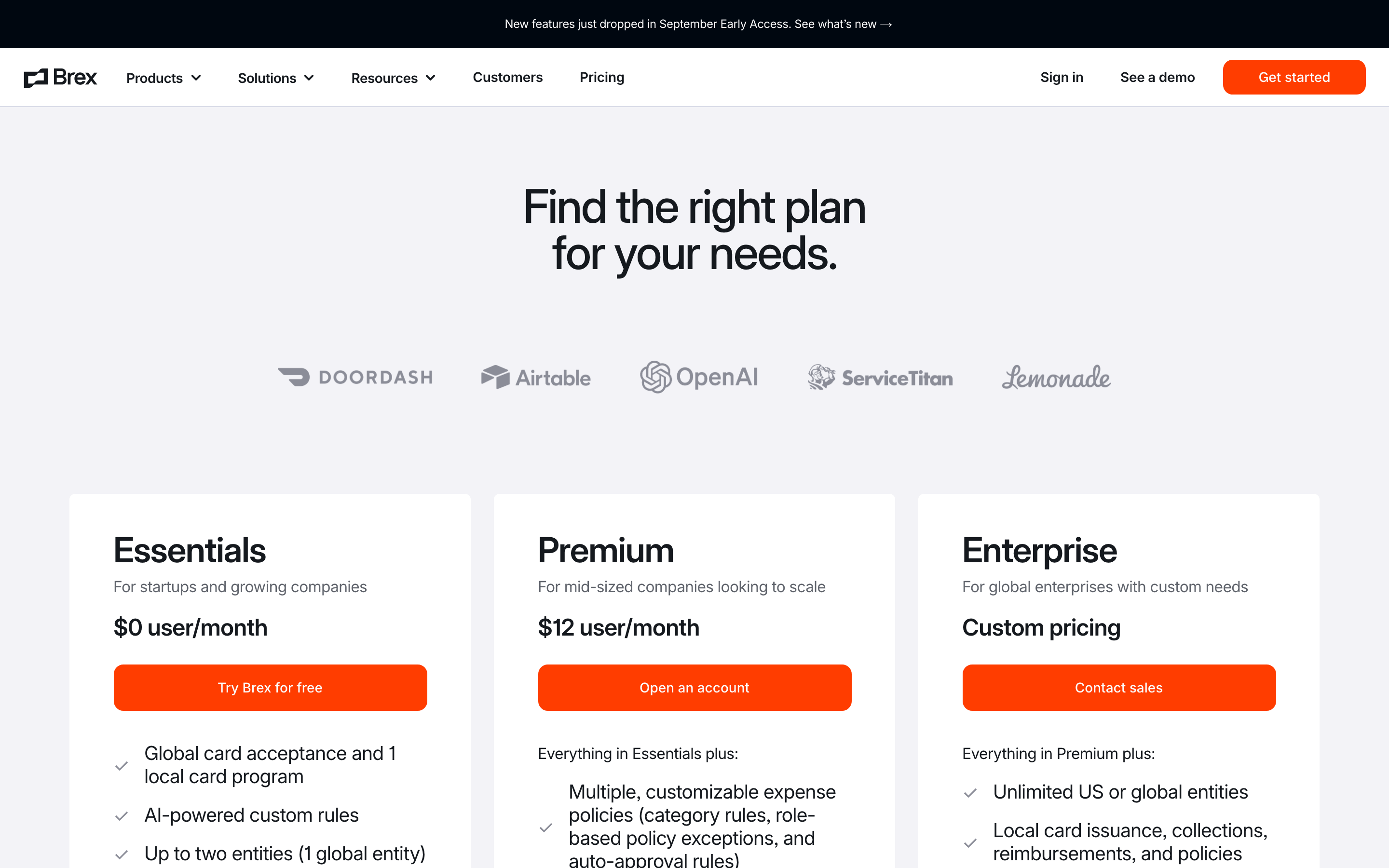 Brex pricing page