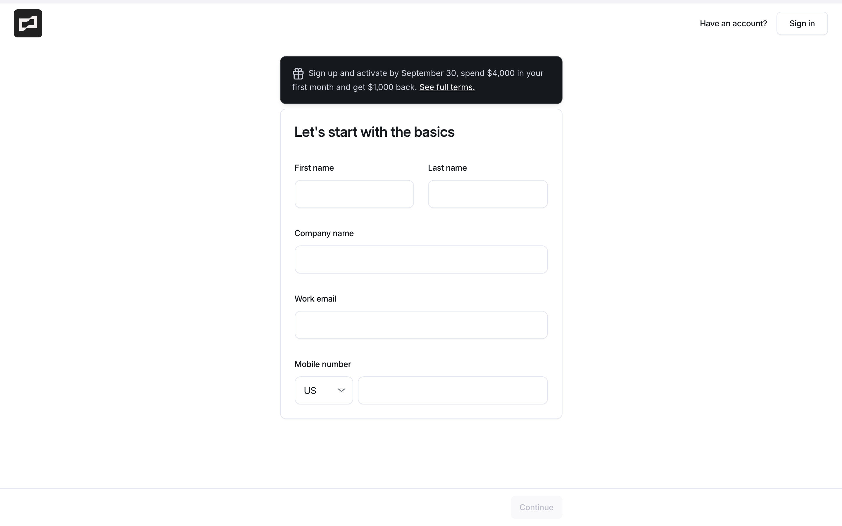 Brex signup page