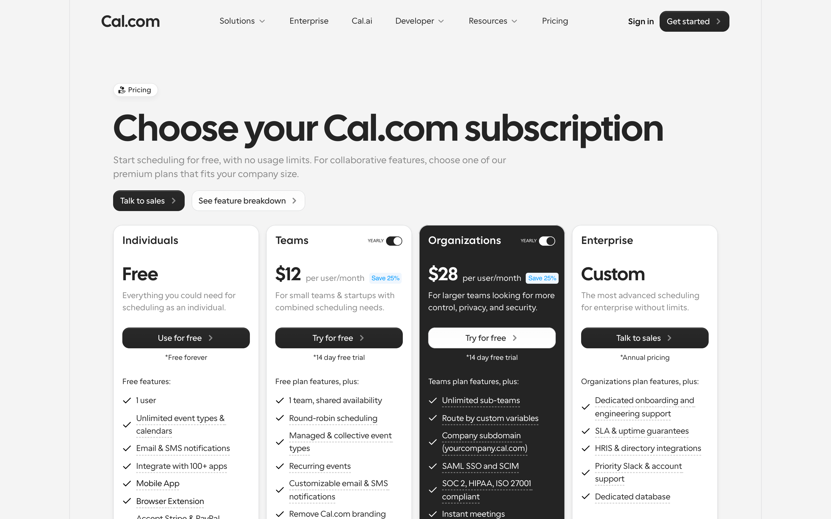 Cal.com pricing page