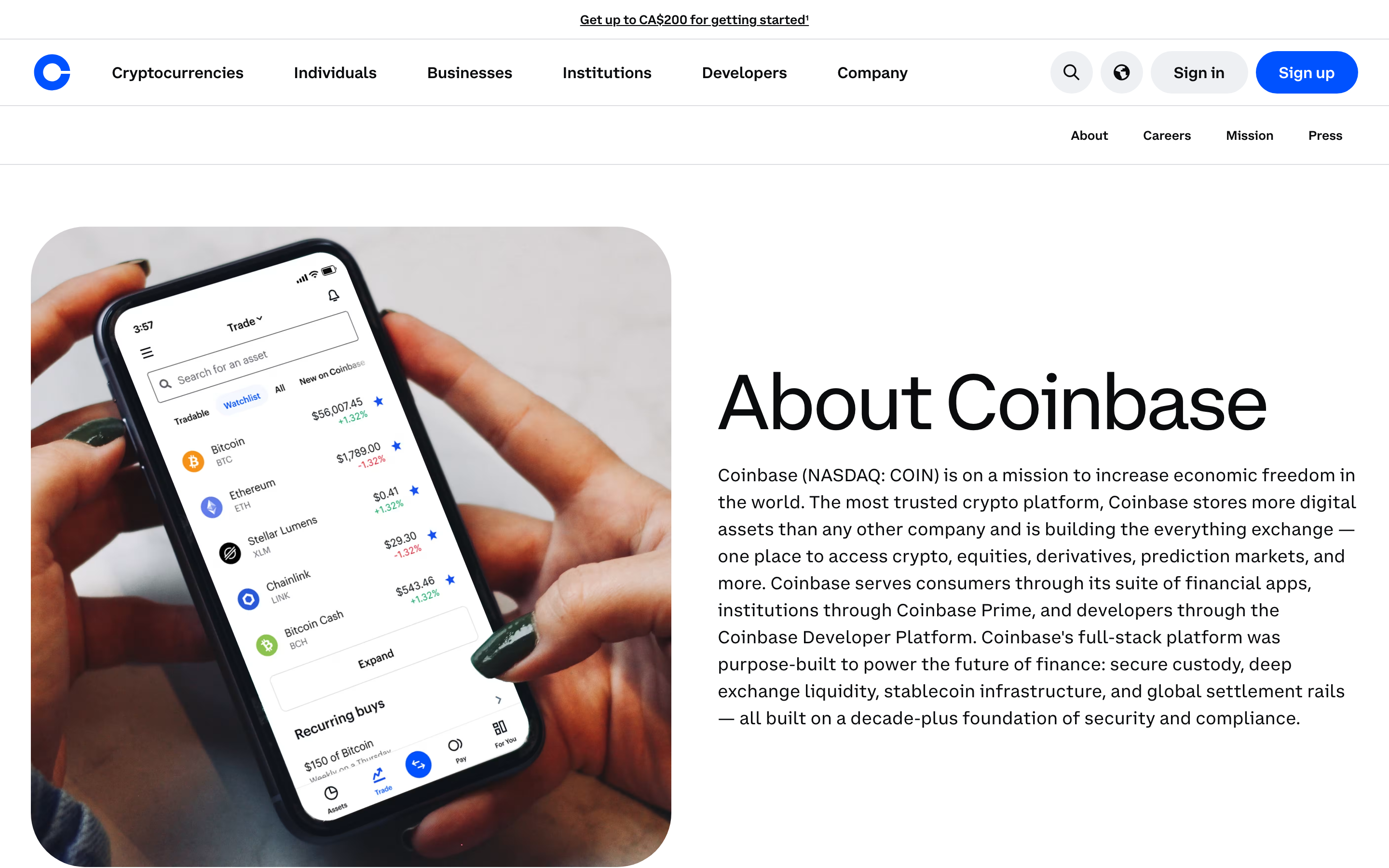 Coinbase about page