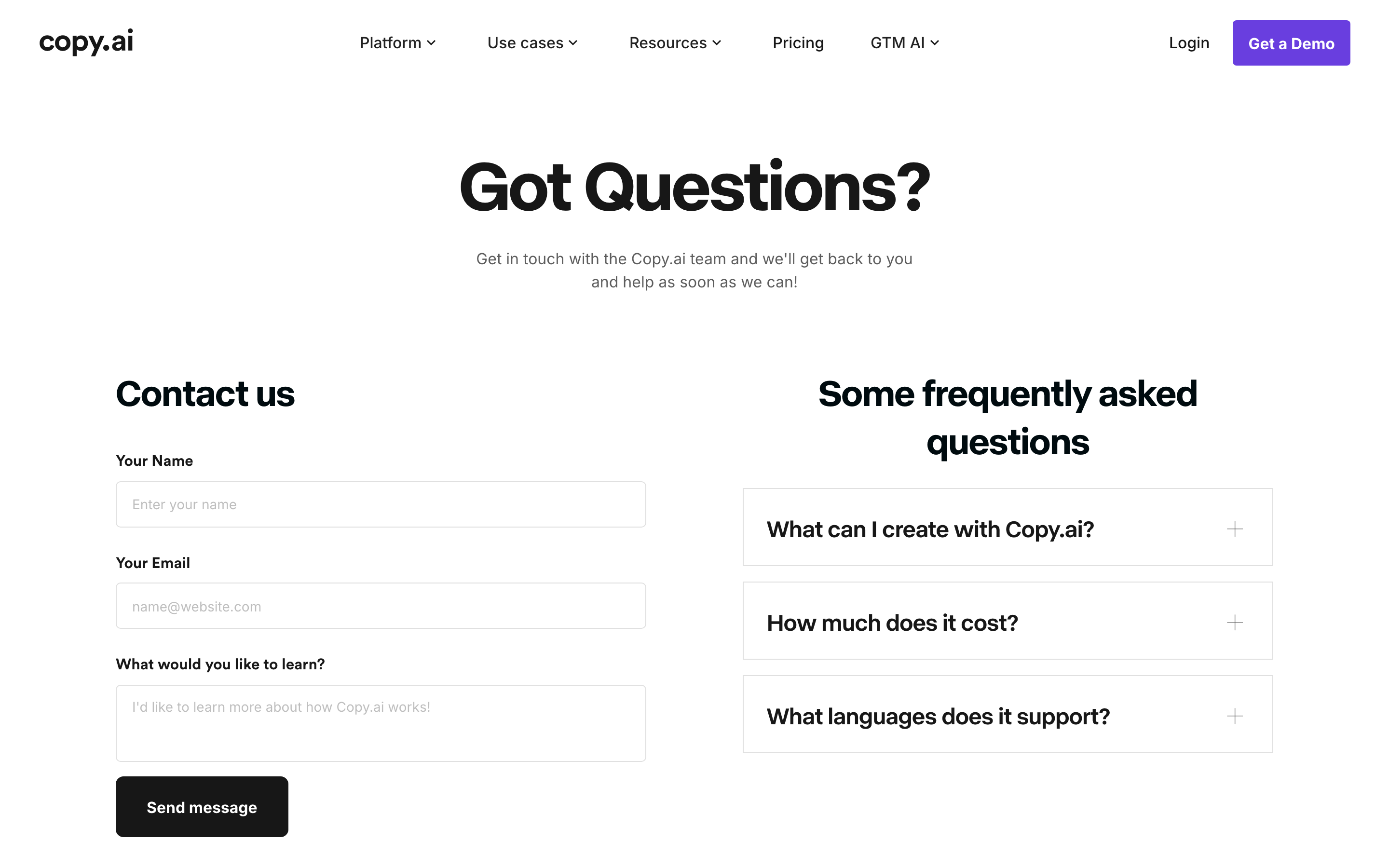 Copy.ai contact page