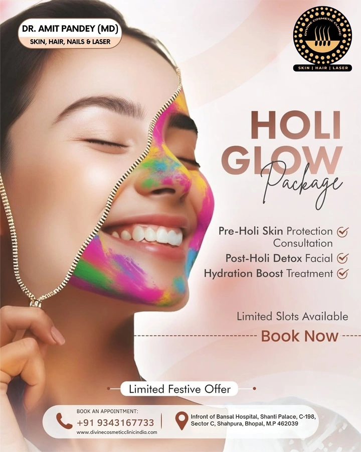 Holi creative ad: Smiling woman with a zipper revealing Holi-colored skin