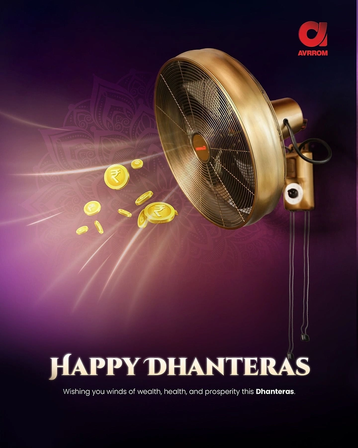 Dhanteras creative ad: Brass wall fan blowing gold rupee coins