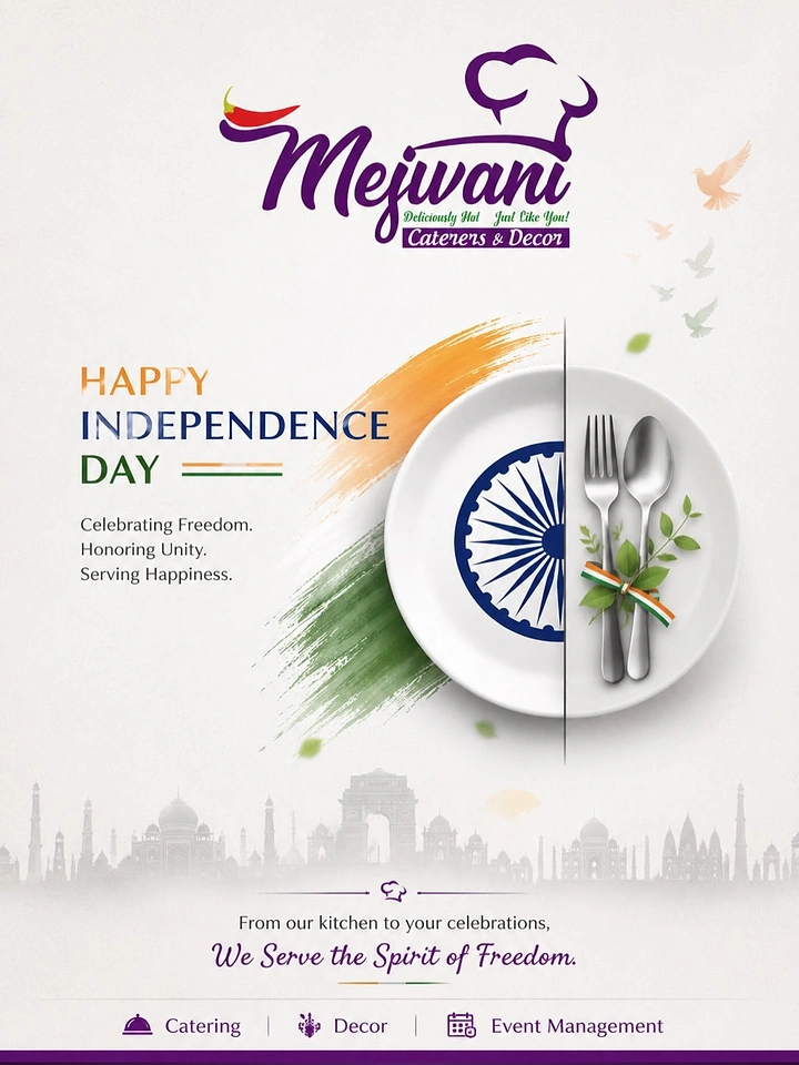 Independence Day creative ad: White plate with a half Ashoka Chakra and cutlery tied with a tricolour ribbon