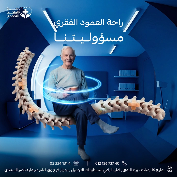 Physiotherapy creative ad: Smiling elderly man sitting on a giant spine model