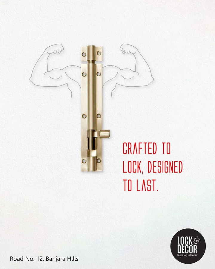 Hardware Stores creative ad: Brass door tower bolt with sketched flexing bicep arms