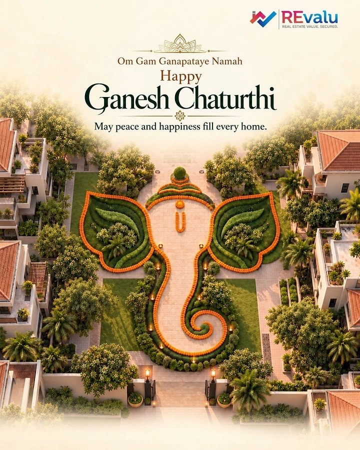 Ganesh Chaturthi creative ad: Aerial view of a villa courtyard garden laid out as a marigold-outlined Ganesha