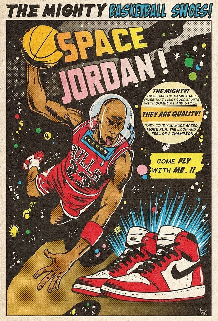 Sneakers & Footwear creative ad: Comic-style astronaut basketball player dunking in space, with sneakers