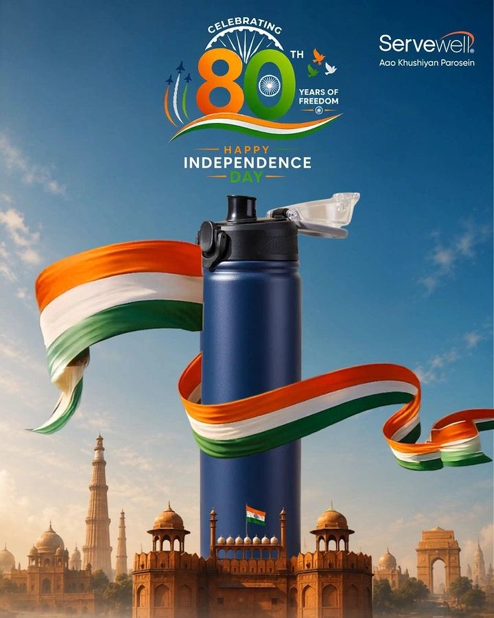 Independence Day creative ad: Navy steel water bottle wrapped in a tricolour ribbon above Delhi monuments