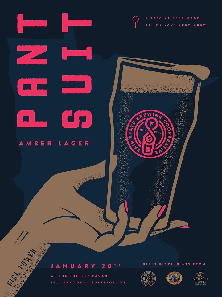 Women's Day creative ad: Illustrated woman's hand holding a pint of amber lager