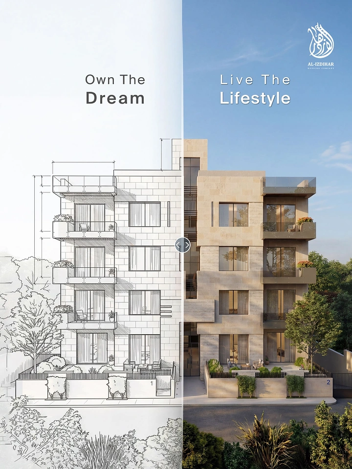 Creative ad: Apartment building split between pencil blueprint sketch and photoreal render