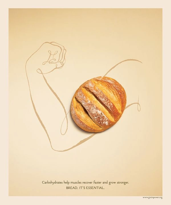 Gym & Fitness creative ad: Crusty bread loaf forming the bicep of a line-drawn flexed arm