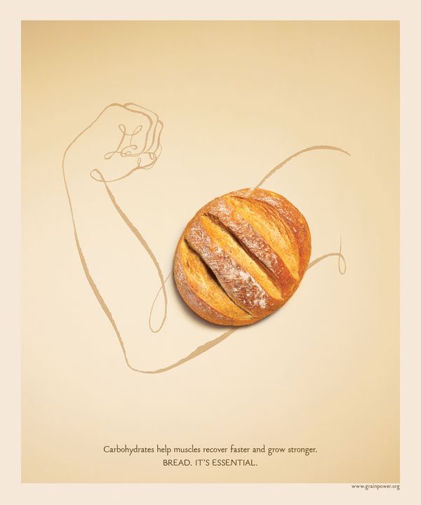 Crusty bread loaf forming the bicep of a line-drawn flexed arm