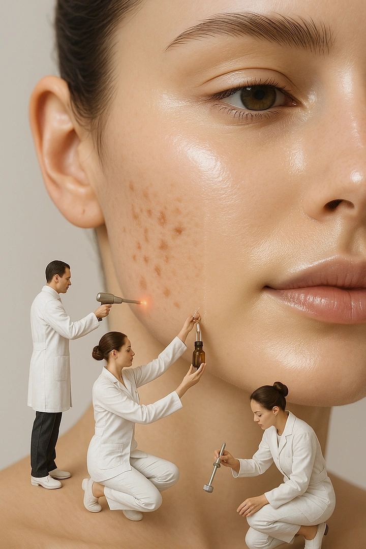 Skin & Cosmetic Clinics creative ad: Tiny dermatologists treating acne marks on a giant face