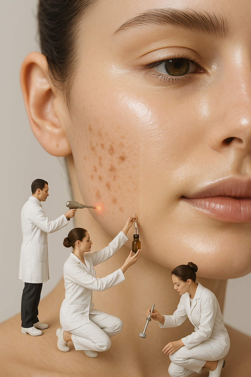 Instagram post: Tiny dermatologists treating acne marks on a giant face
