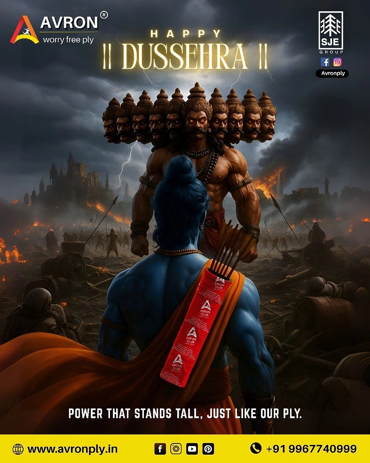 Dussehra creative ad: Blue-skinned Rama seen from behind facing ten-headed Ravana on a burning battlefield