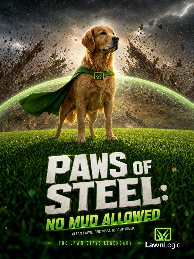 Landscaping & Gardening creative ad: Superhero dog 'Paws of Steel' mud-free lawn