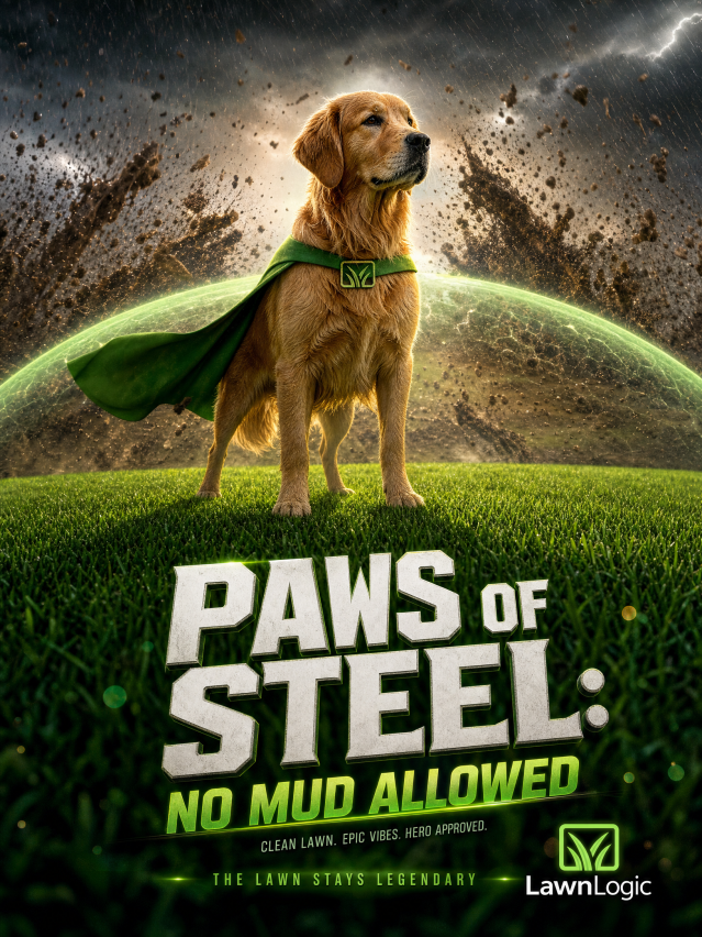 Instagram post: Superhero dog 'Paws of Steel' mud-free lawn