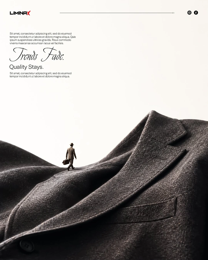 Tailors & Alterations creative ad: Tiny walker on a suit-jacket landscape