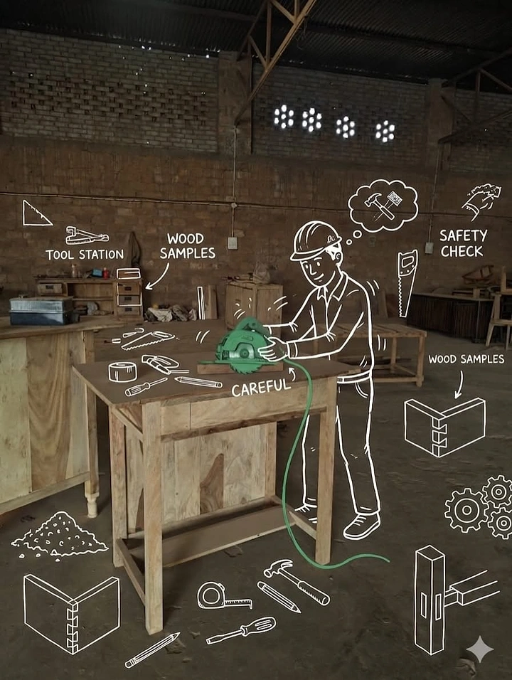 Carpenters & Woodwork creative ad: Chalk doodle annotations over carpenter photo