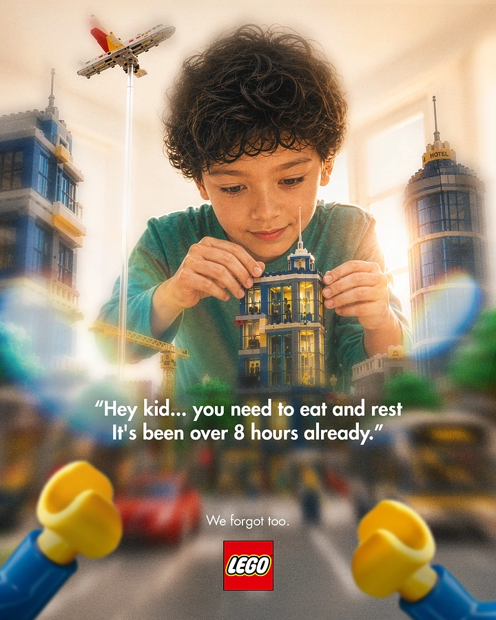 Toy Stores creative ad: Child building a toy city seen from a minifigure's view