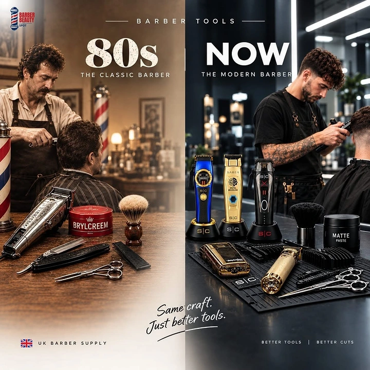Barber Shops creative ad: 80s vs Now split: same craft, better tools