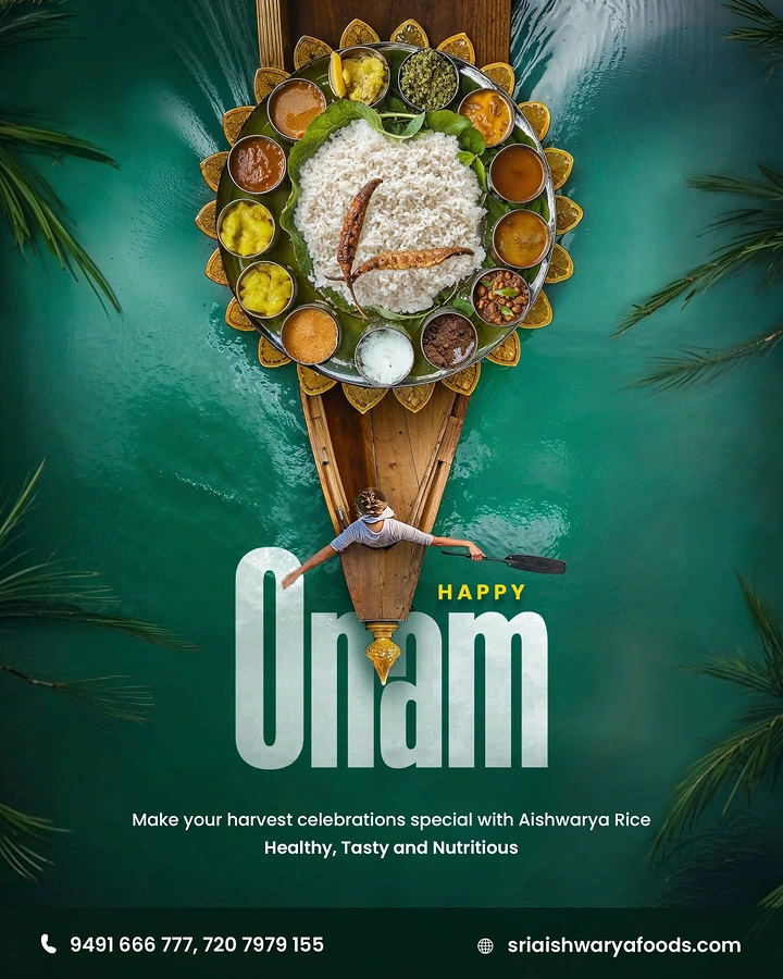 Onam creative ad: Top-down sadhya thali atop a wooden boat on backwaters with a rower