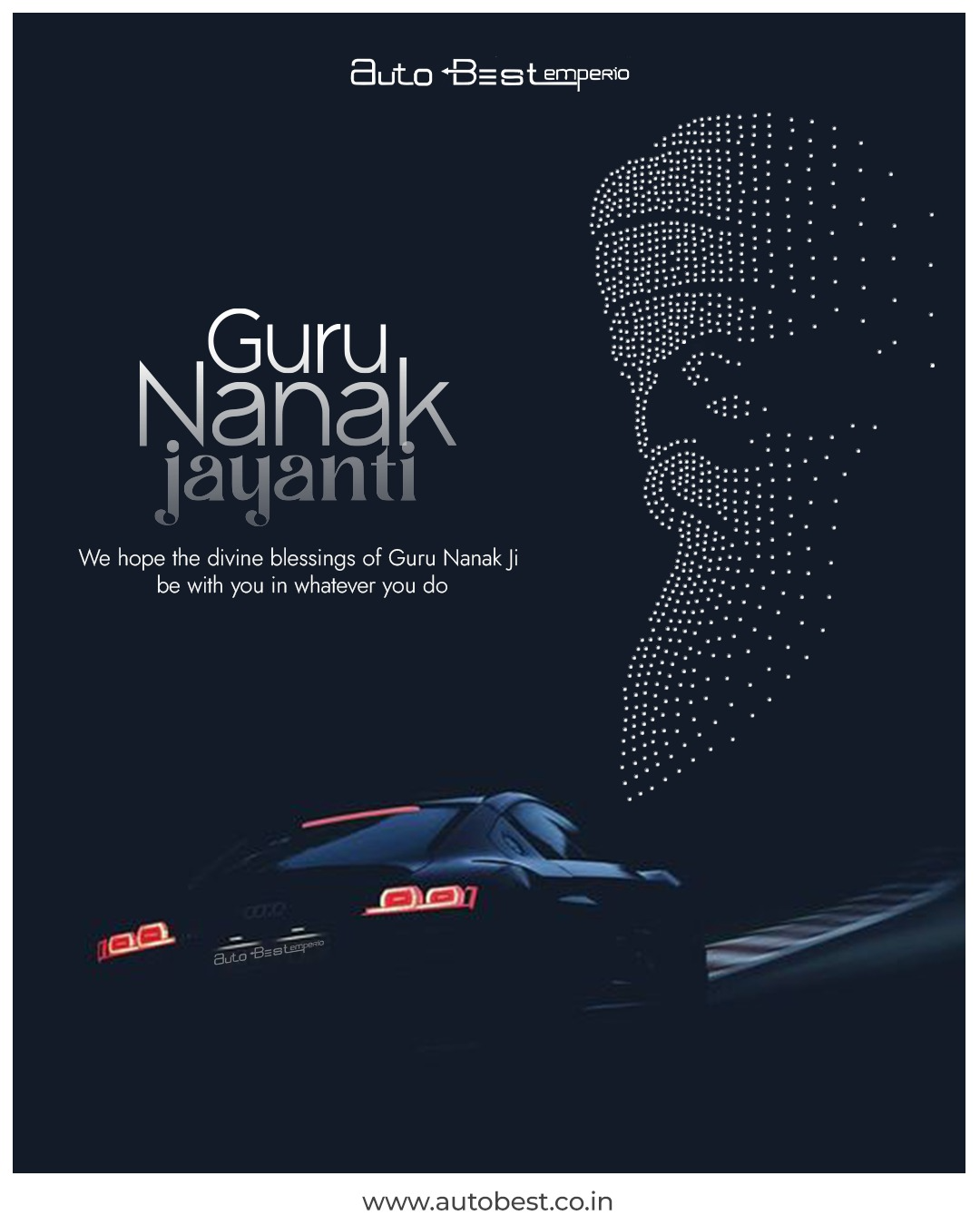Dotted-light Guru Nanak profile above a dark sports car rear
