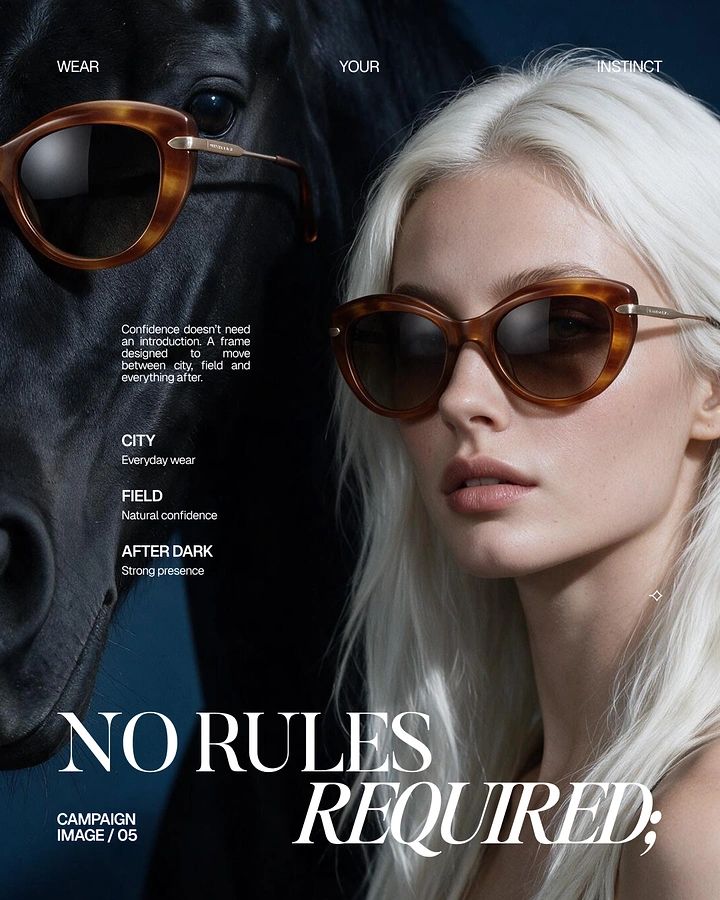 Creative ad: Platinum-haired model and black horse both wearing sunglasses