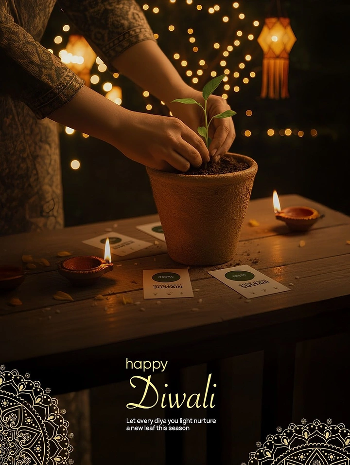Diwali creative ad: Hands planting a sapling in a terracotta pot beside lit diyas