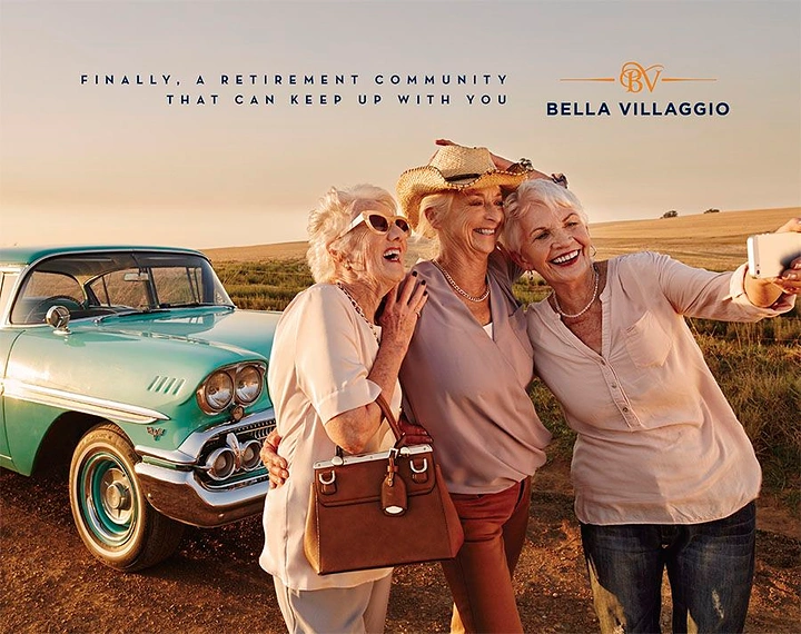 Senior Care creative ad: Retirement community with road-trip spirited seniors