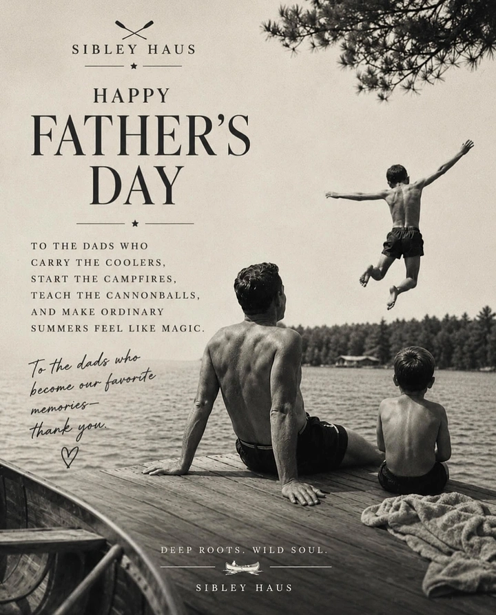 Father's Day creative ad: Father and son on lake dock watching boy leap into water