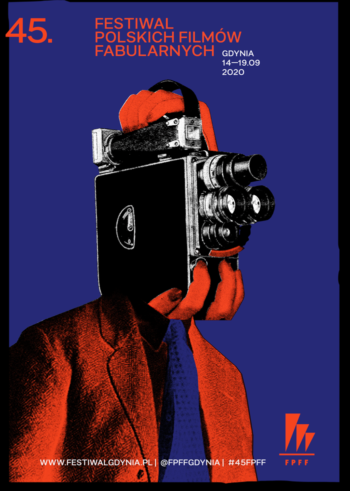 Poster: Man in suit with a vintage cine camera for a head