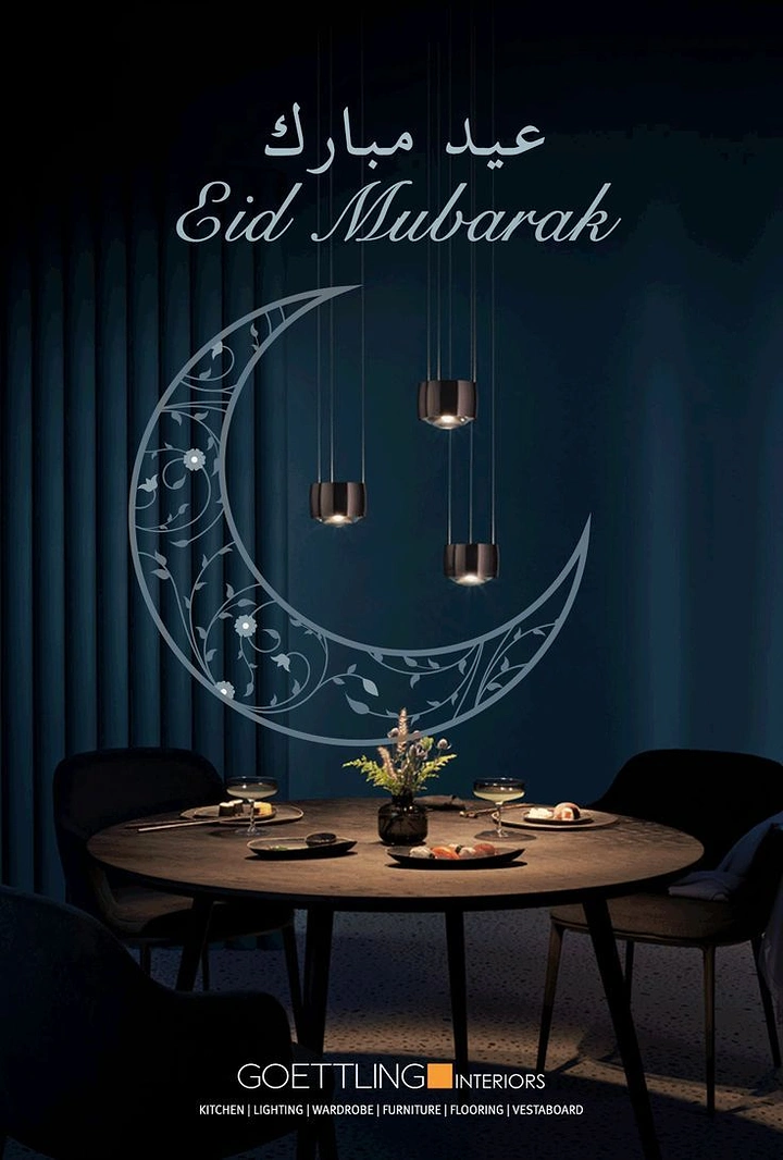 Eid creative ad: Moody dining interior with pendant lamps under a filigree crescent