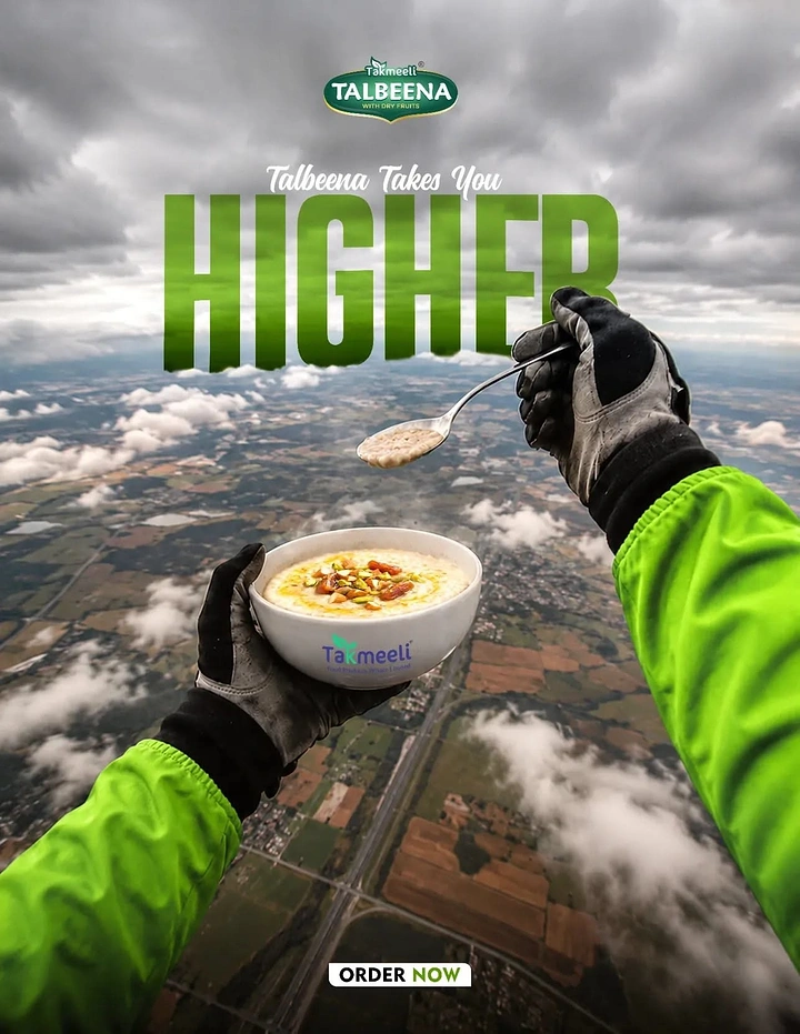 Cloud Kitchens & Food Trucks creative ad: Skydiver eating meal, 'Takes you Higher' pun