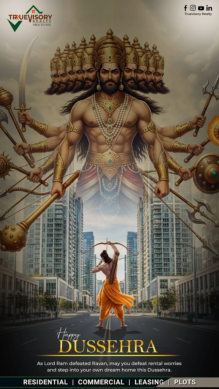 Dussehra creative ad: Giant ten-headed Ravan towering over city street as Ram draws bow