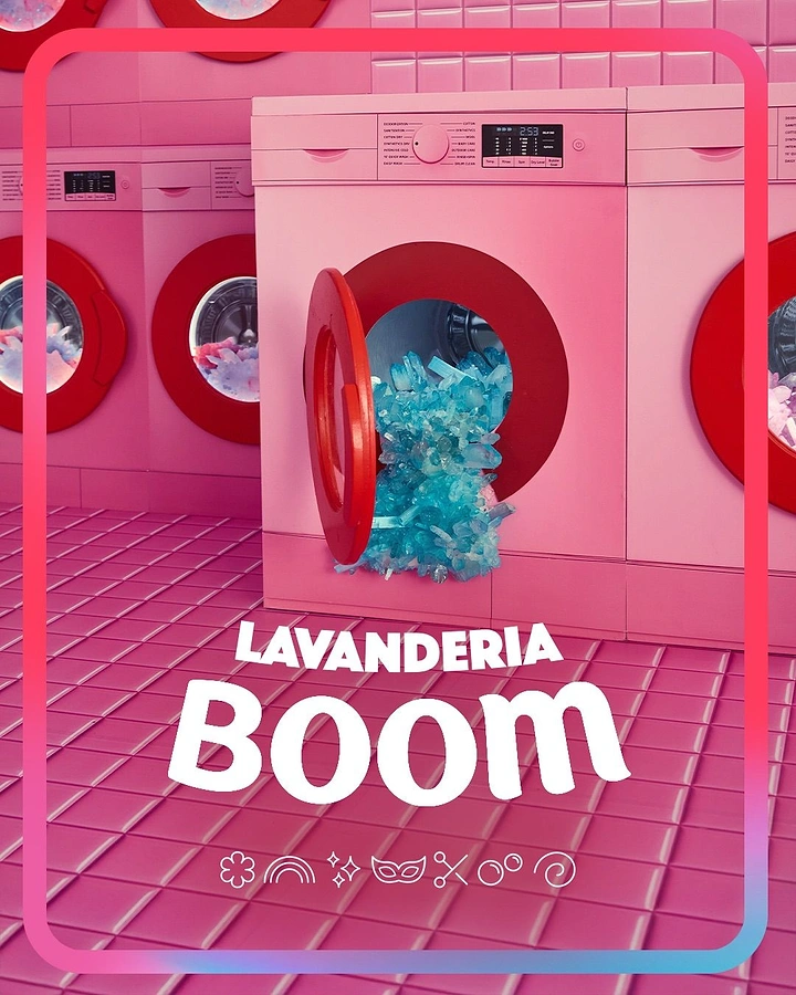 Laundry & Dry Cleaning creative ad: Washer bursting with shards, bold pink laundromat