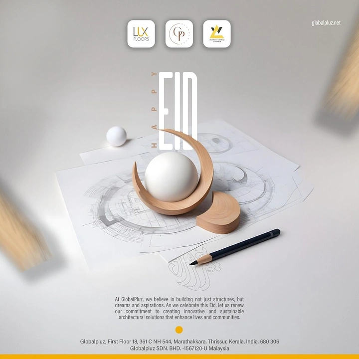 Eid creative ad: Wooden crescent cradling a white sphere on architectural drawings