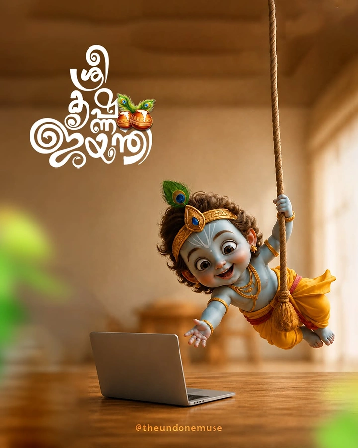 Janmashtami creative ad: 3D baby Krishna swinging on a rope toward a laptop