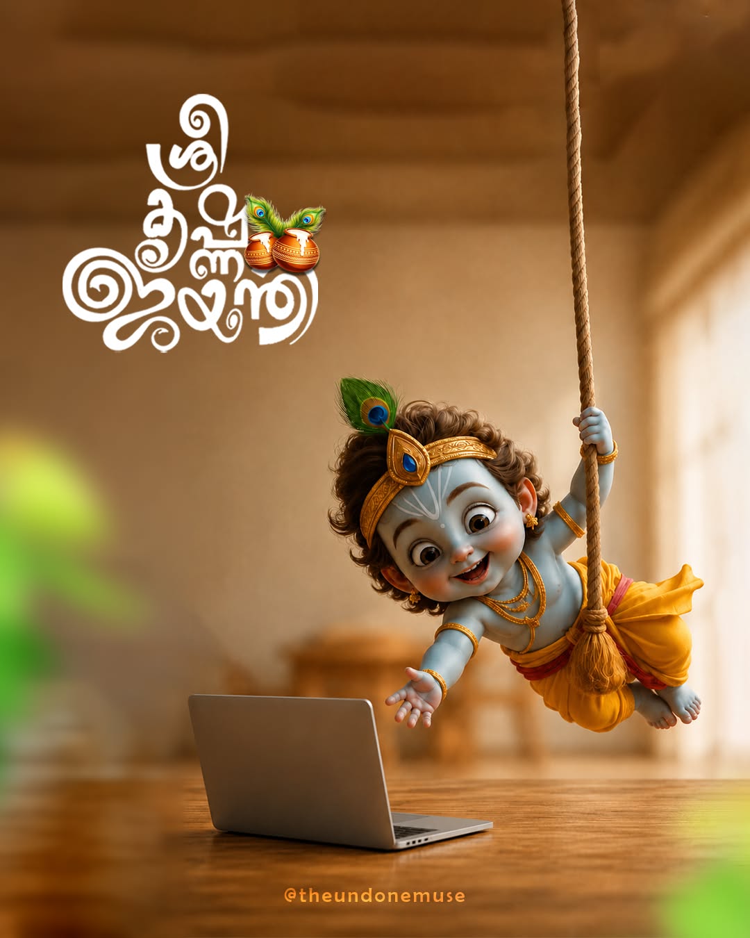3D baby Krishna swinging on a rope toward a laptop