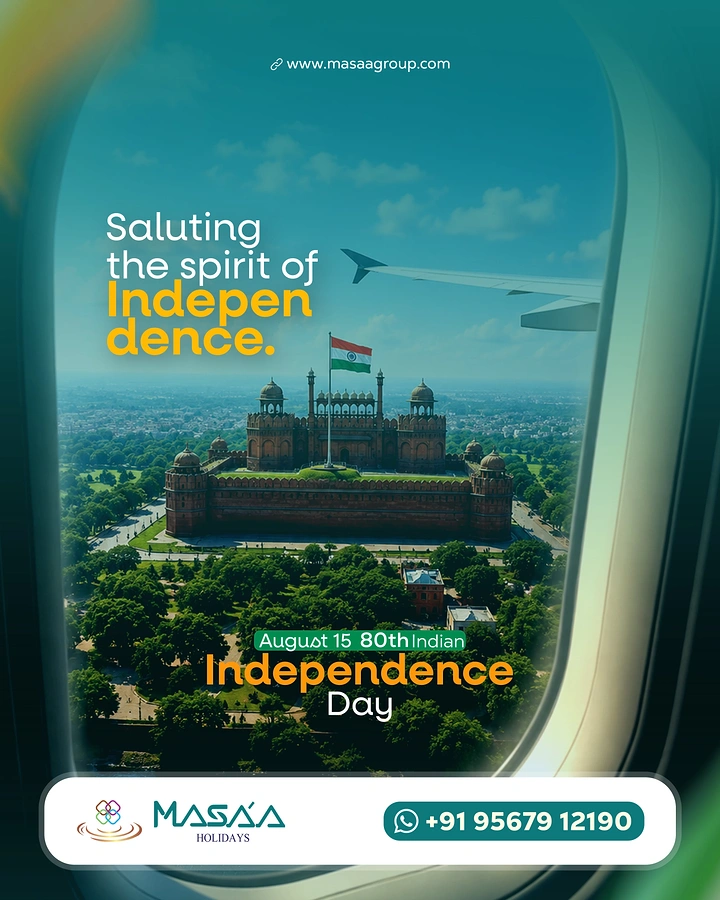 Independence Day creative ad: Aerial Red Fort with flag seen through an airplane window