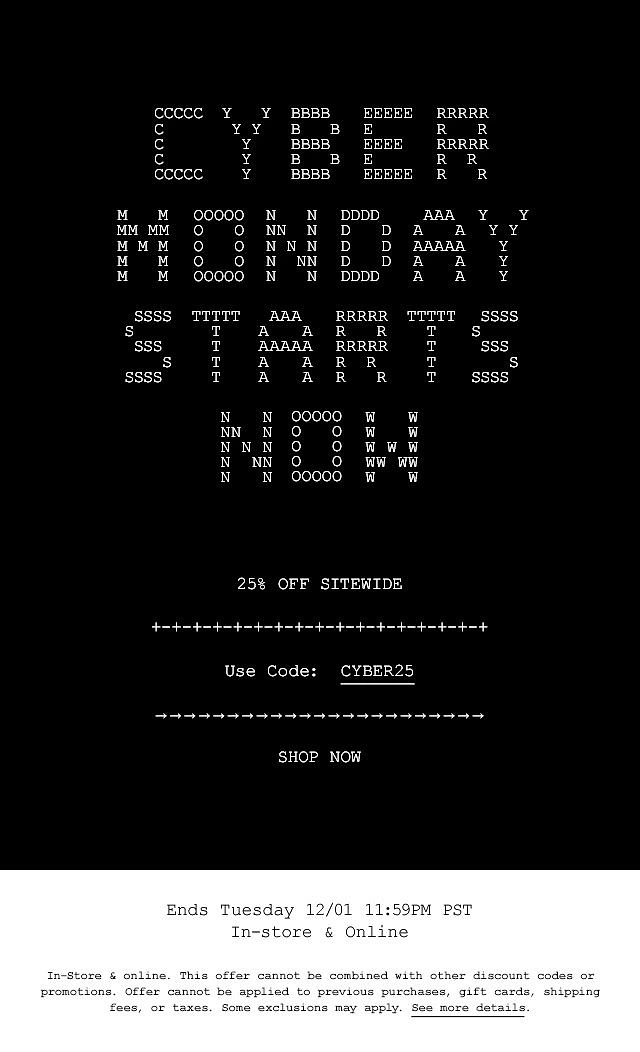 Cyber Monday creative ad: ASCII-art lettering on a black terminal-style screen