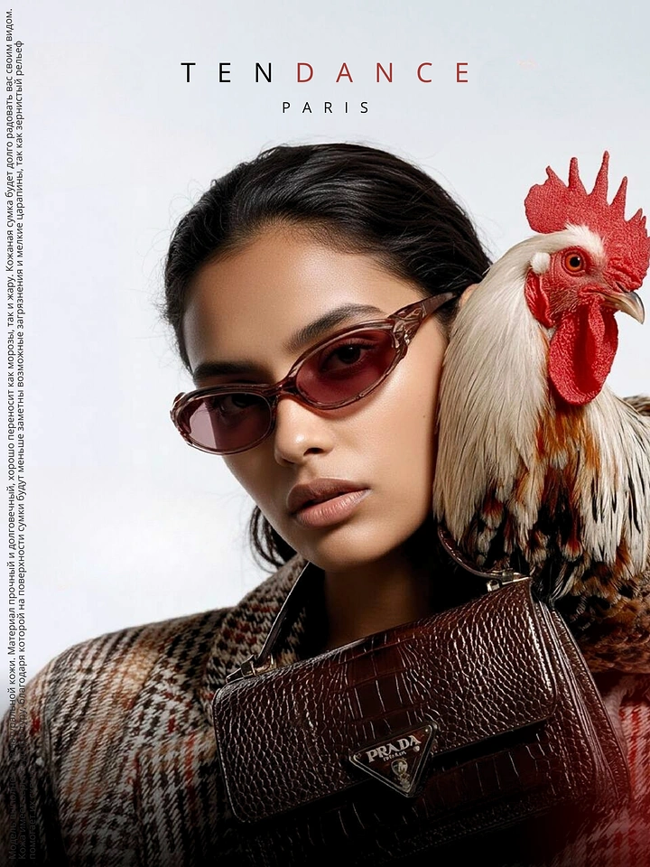 Sunglasses Brands creative ad: Unexpected chicken beside fashion portrait