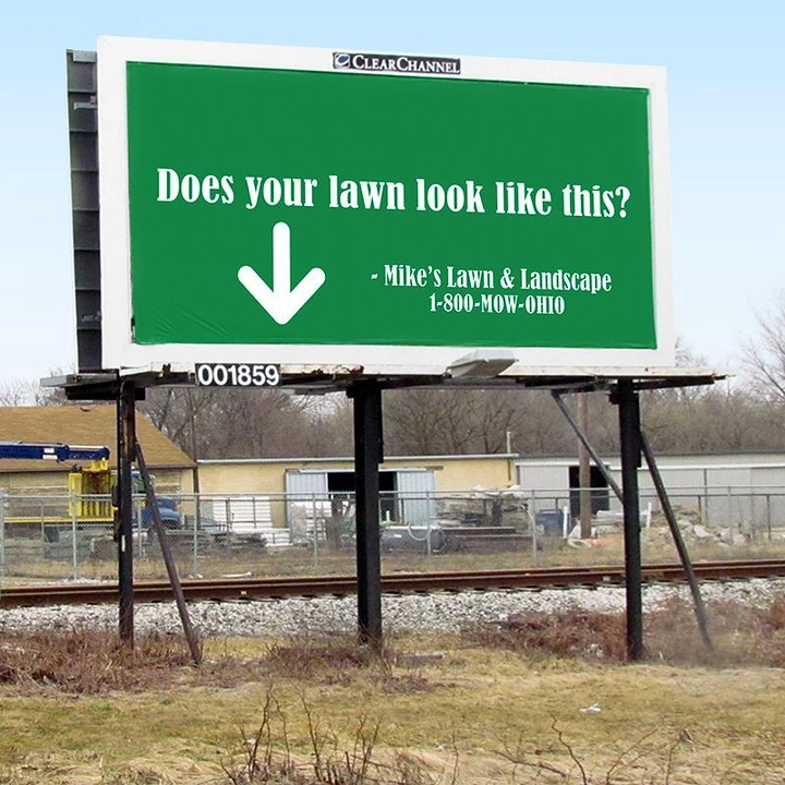 Landscaping & Gardening creative ad: Billboard arrow points at dead lawn below