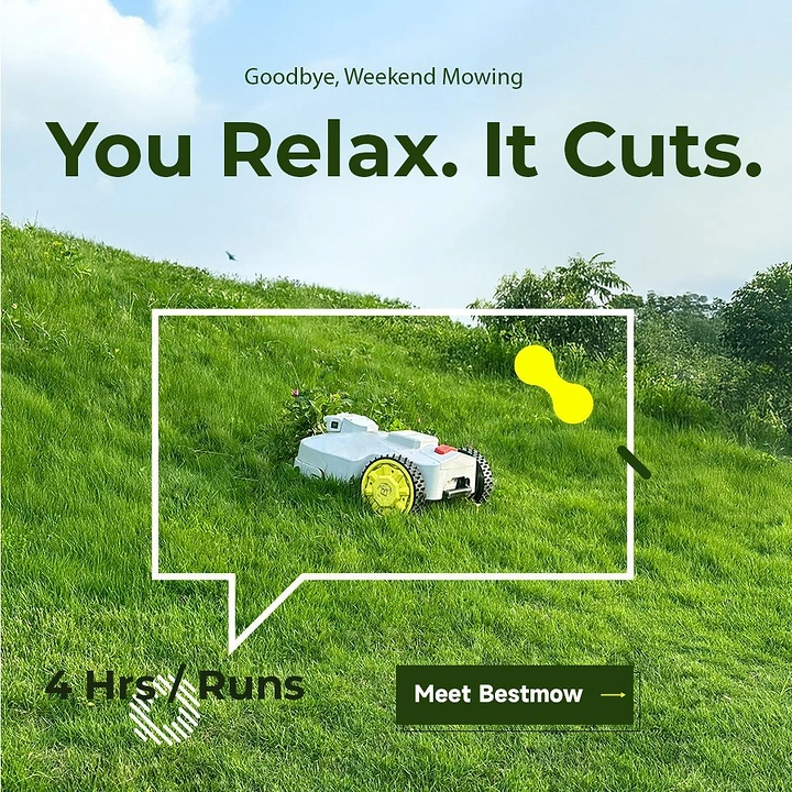 Landscaping & Gardening creative ad: Speech-bubble frame around robot mower