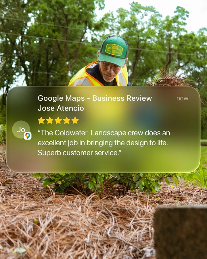Landscaping & Gardening creative ad: Google review card as testimonial overlay