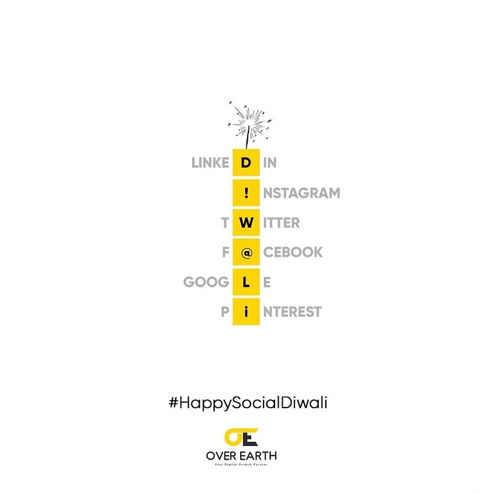 Diwali creative ad: Vertical stack of yellow letter tiles spelling DIWALI, forming a firecracker with a sparkler fuse