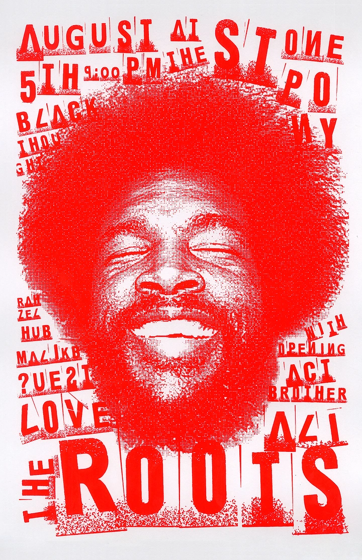 Creative ad: Close-up halftone portrait of a smiling man with a large afro
